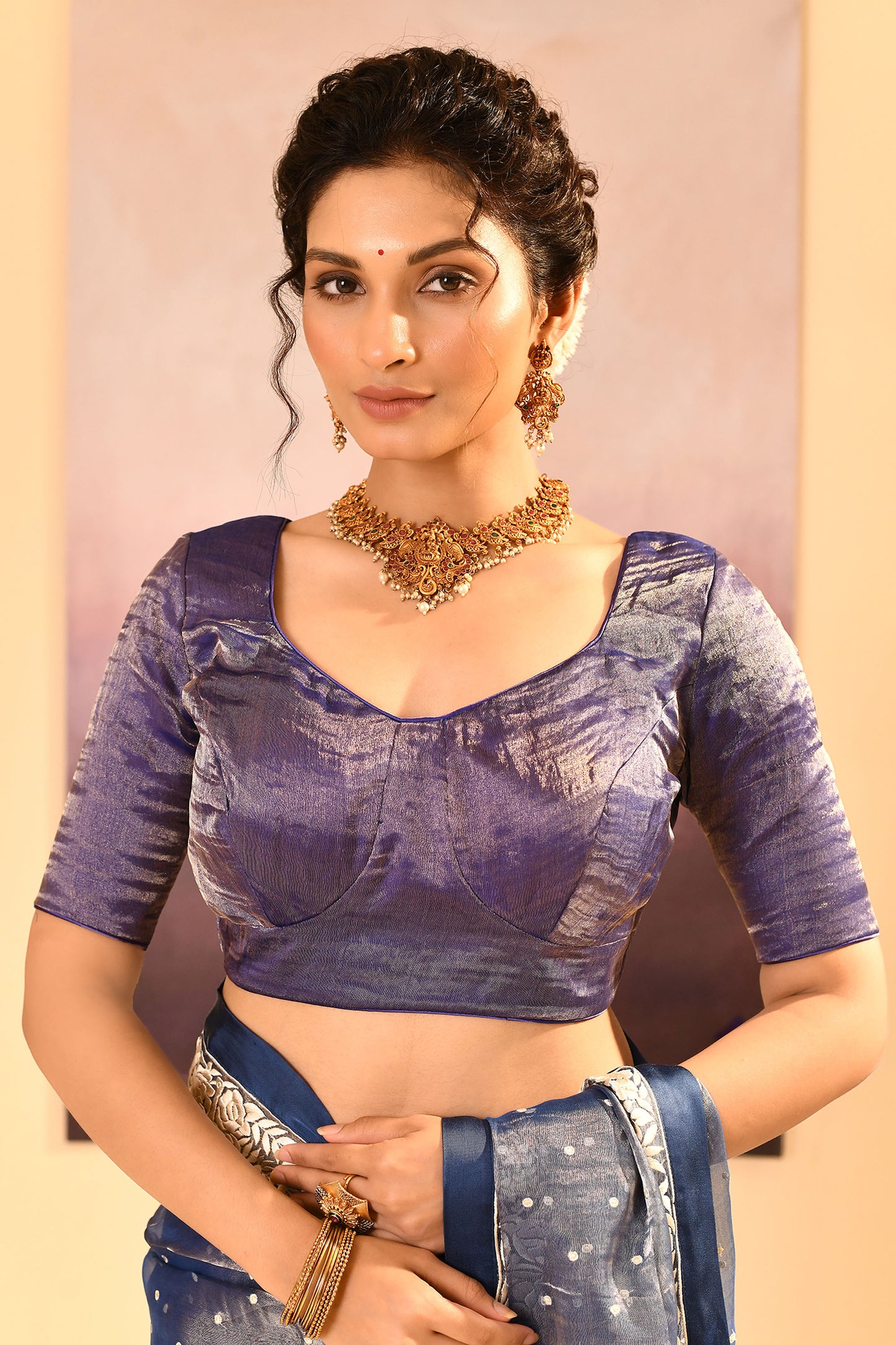 Metallic Blue Tissue Embroidered Saree