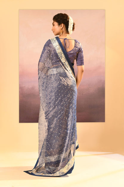 Metallic Blue Tissue Embroidered Saree