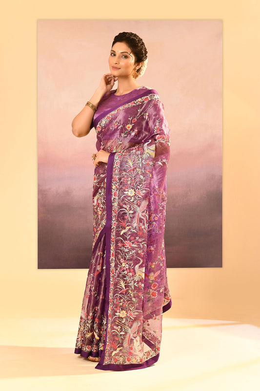 Classic Purple Tissue Embroidered Saree