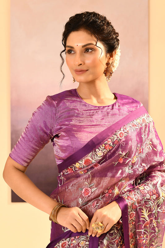 Classic Purple Tissue Embroidered Saree