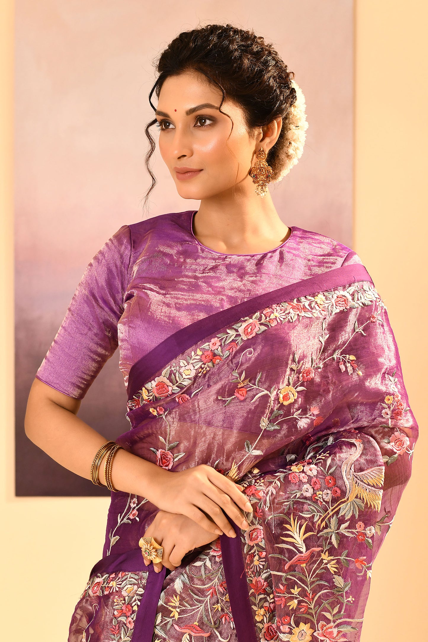 Classic Purple Tissue Embroidered Saree