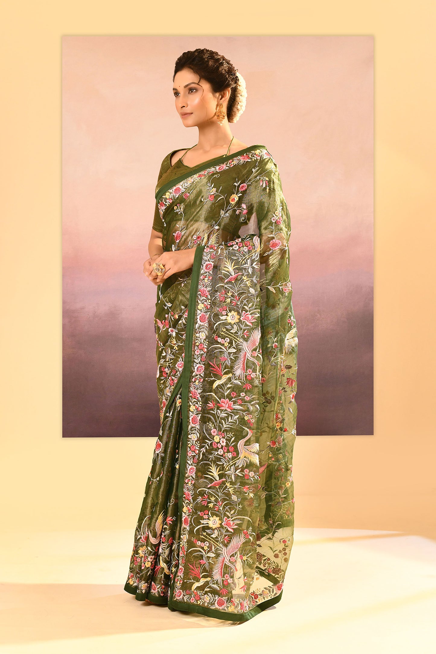 Dark Olive Green Embroidered Tissue Saree