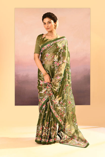 Dark Olive Green Embroidered Tissue Saree