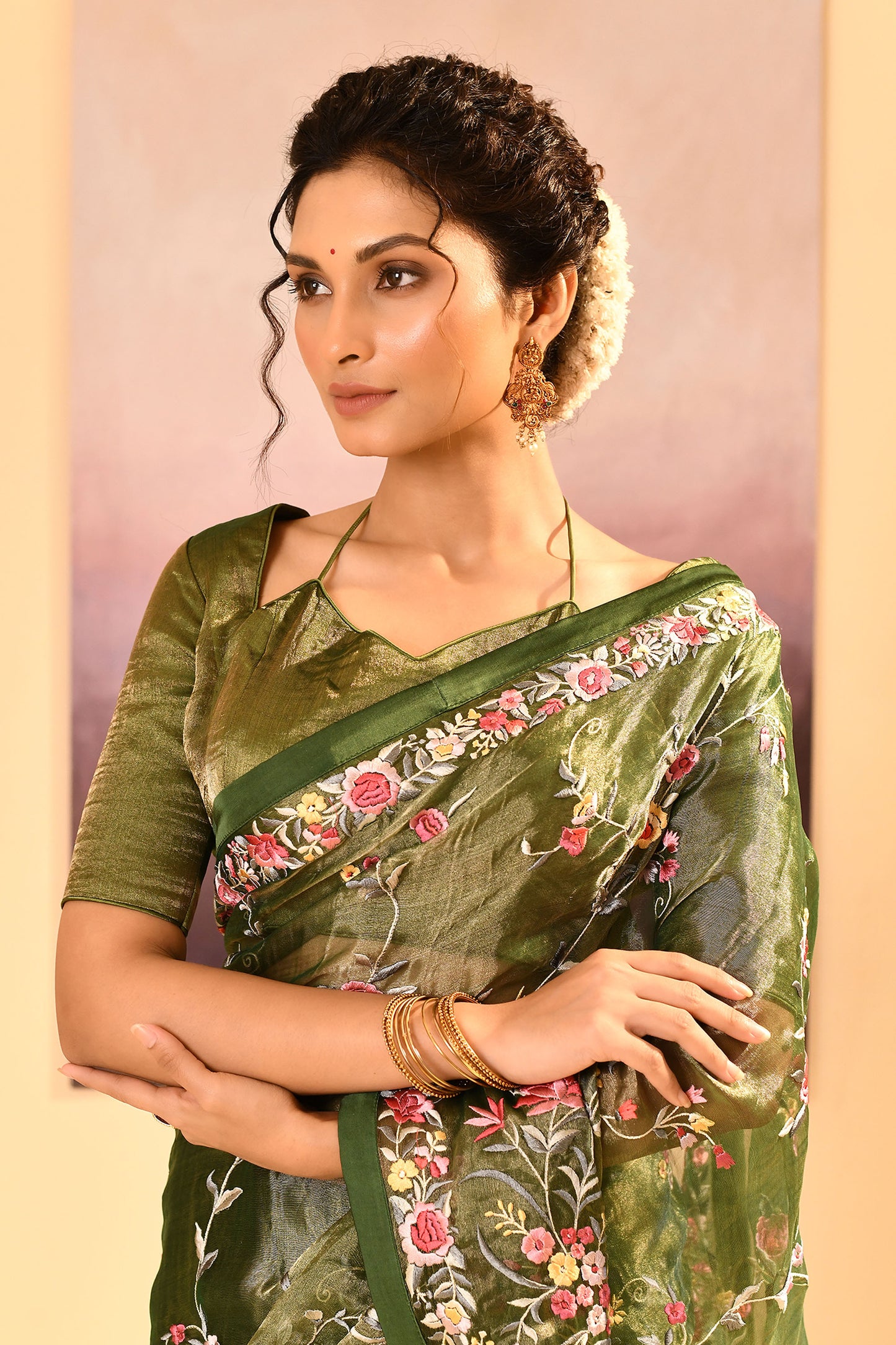 Dark Olive Green Embroidered Tissue Saree