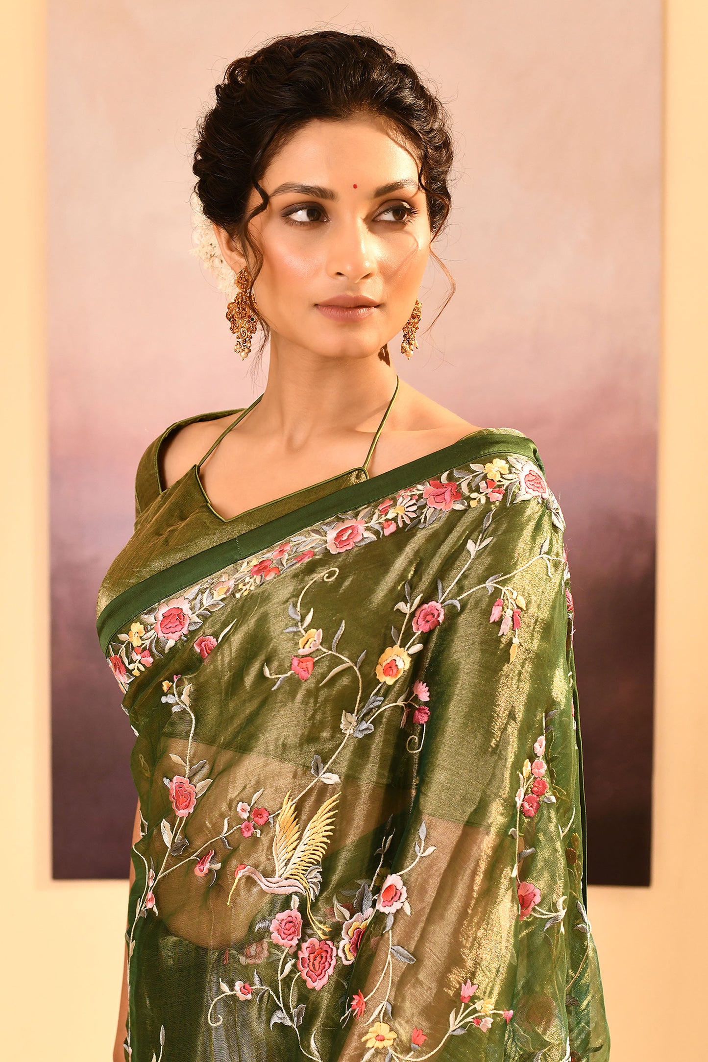 Dark Olive Green Embroidered Tissue Saree