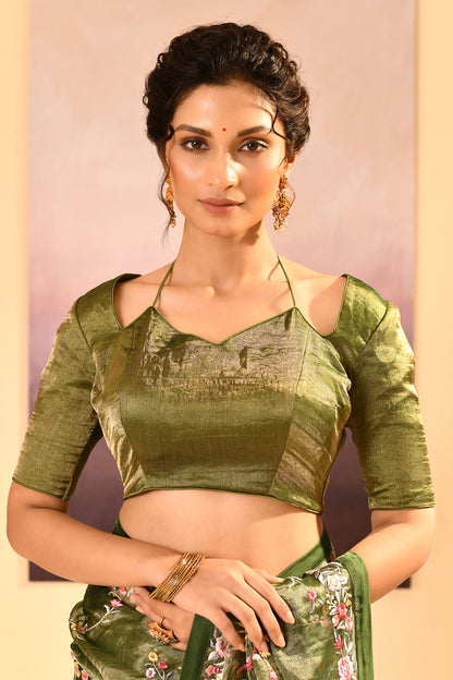 Dark Olive Green Embroidered Tissue Saree