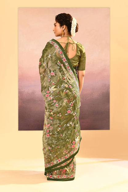 Dark Olive Green Embroidered Tissue Saree
