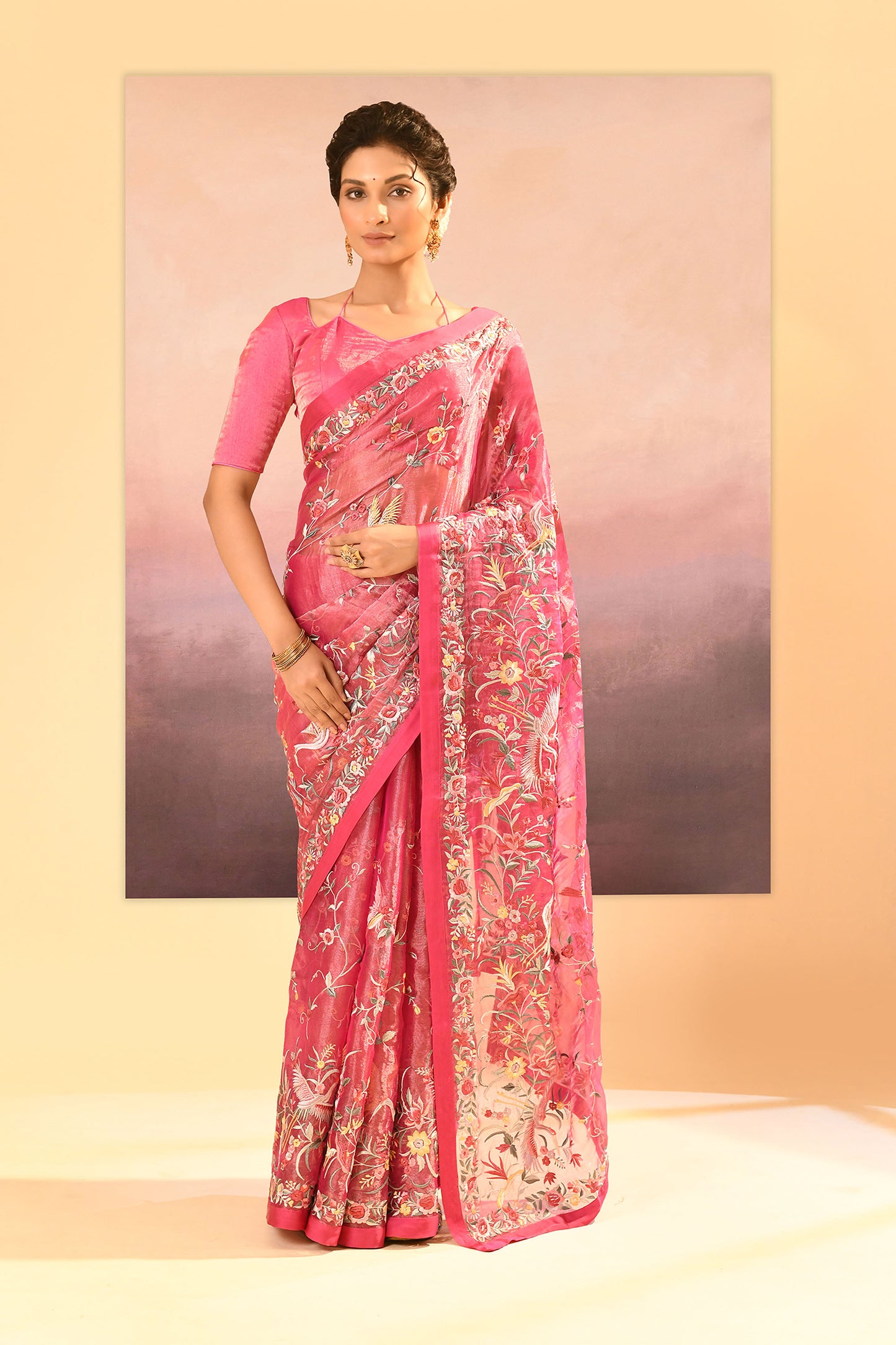 Rose Pink Tissue Embroidered Saree