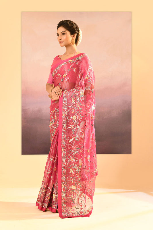 Rose Pink Tissue Embroidered Saree