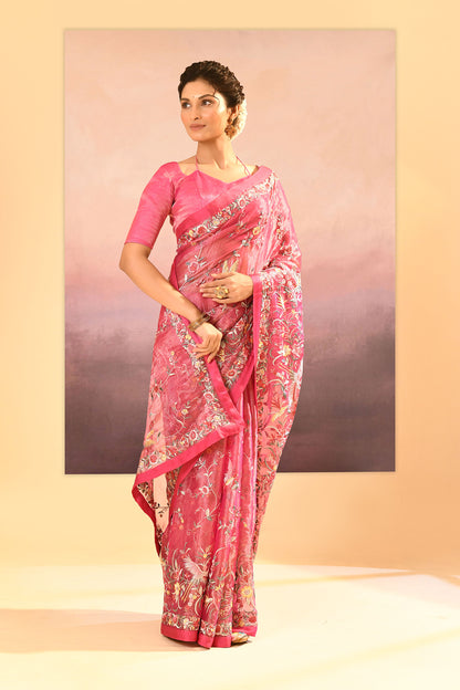 Rose Pink Tissue Embroidered Saree