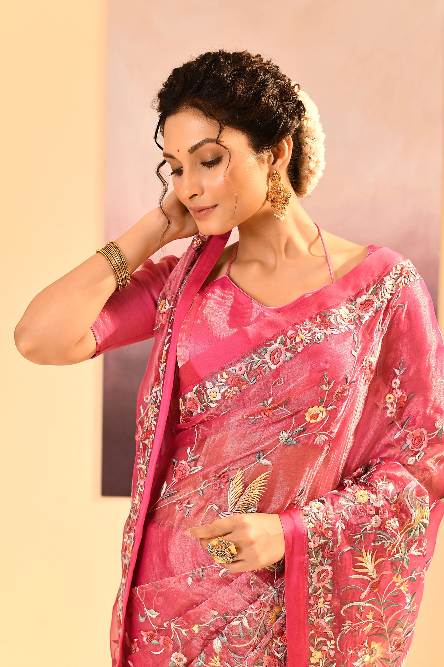 Rose Pink Tissue Embroidered Saree
