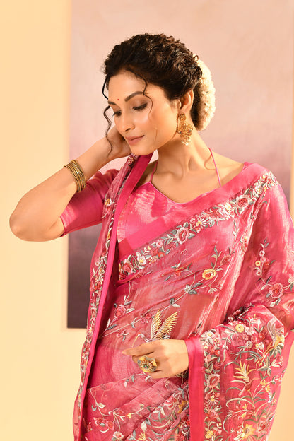 Rose Pink Tissue Embroidered Saree