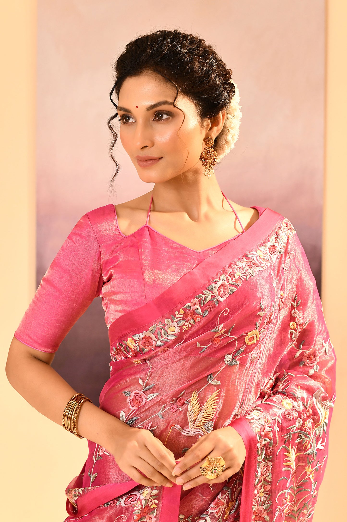 Rose Pink Tissue Embroidered Saree