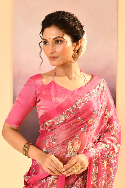 Rose Pink Tissue Embroidered Saree