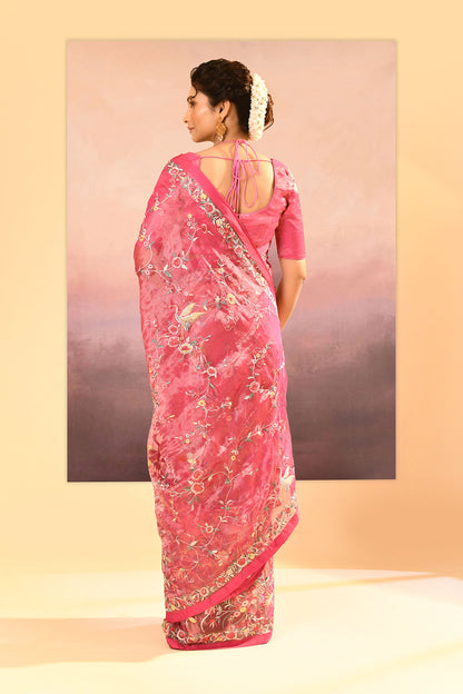 Rose Pink Tissue Embroidered Saree