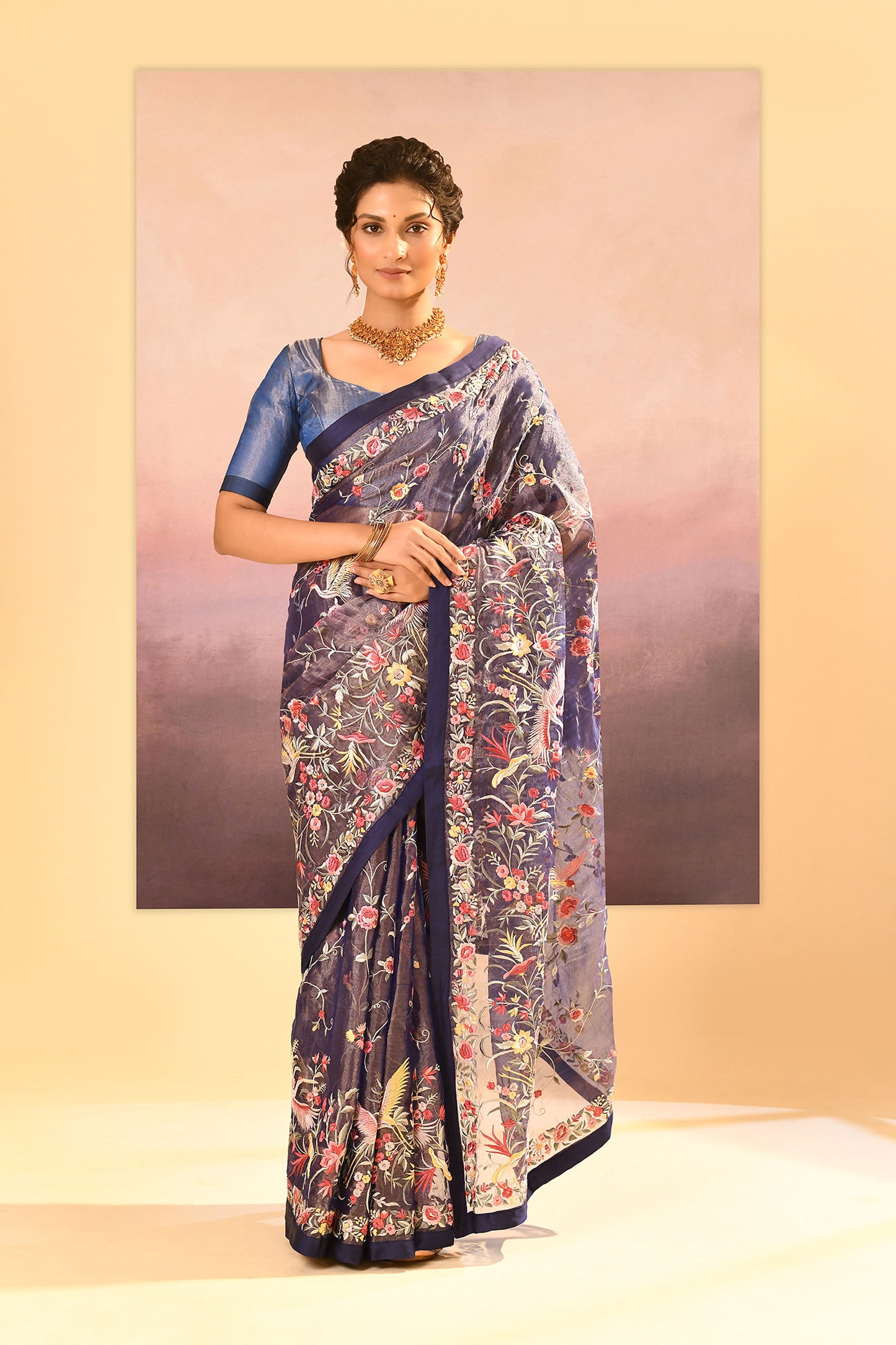 Dark Blue Tissue Embroidered Saree