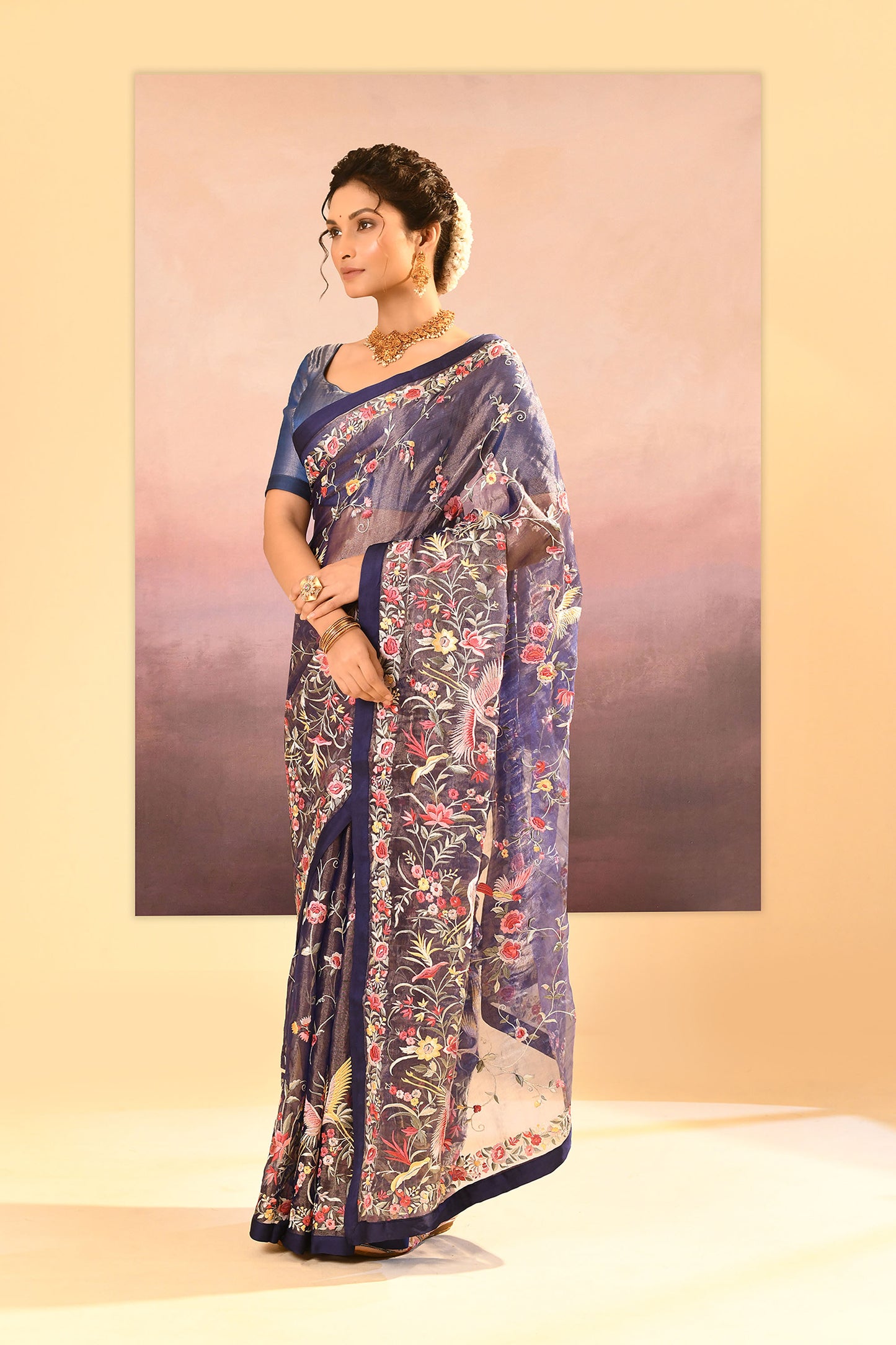 Dark Blue Tissue Embroidered Saree