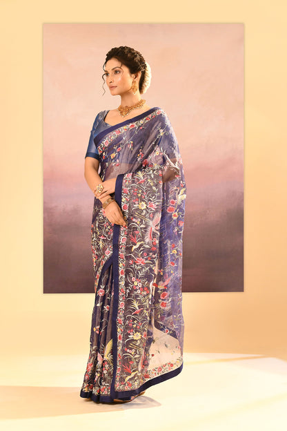 Dark Blue Tissue Embroidered Saree