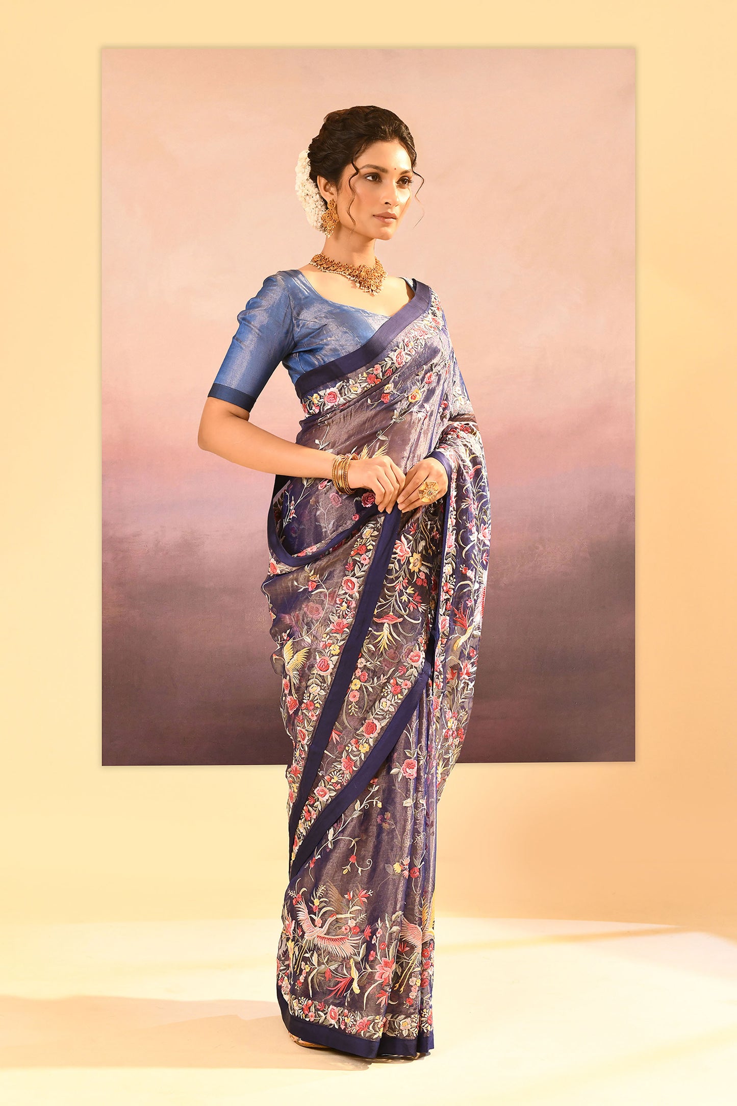 Dark Blue Tissue Embroidered Saree