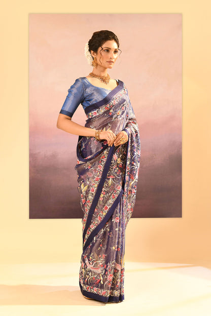 Dark Blue Tissue Embroidered Saree