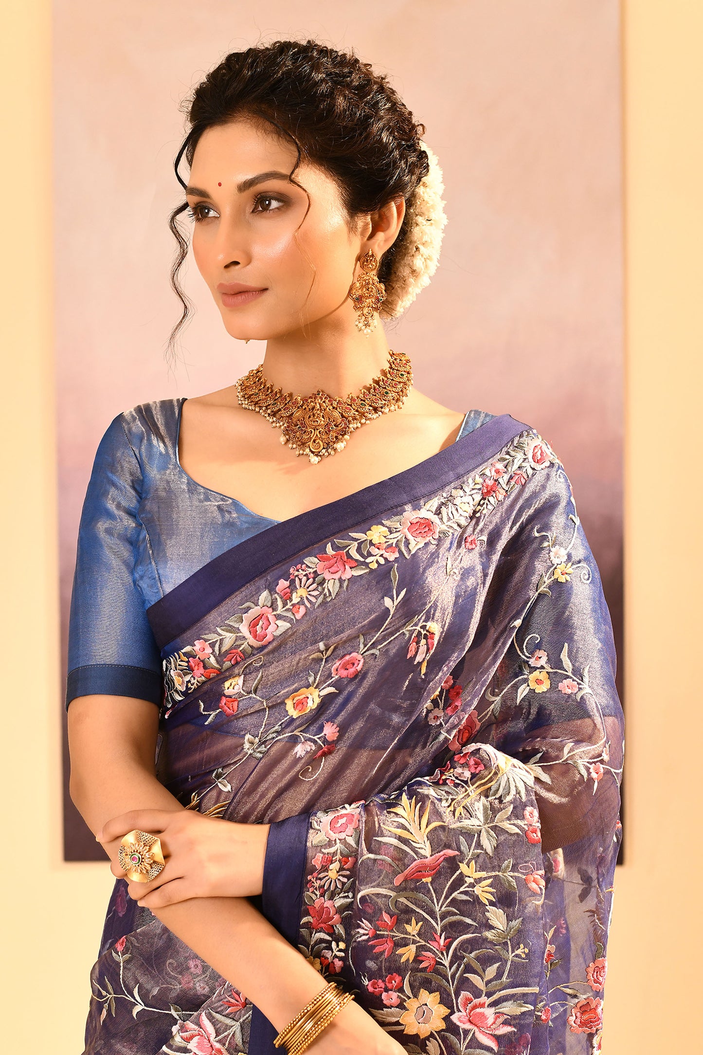 Dark Blue Tissue Embroidered Saree