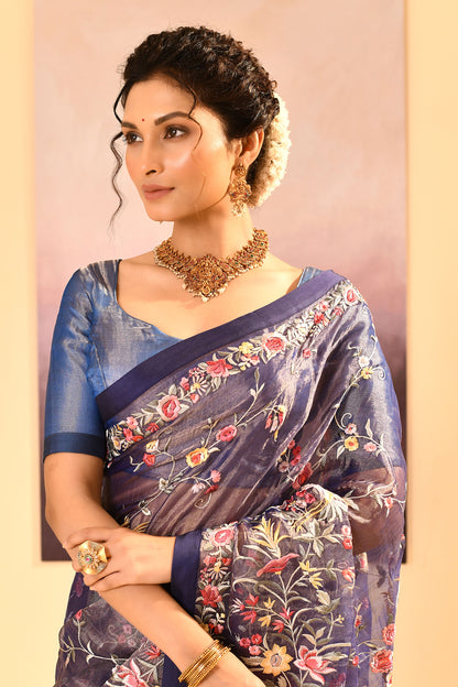 Dark Blue Tissue Embroidered Saree