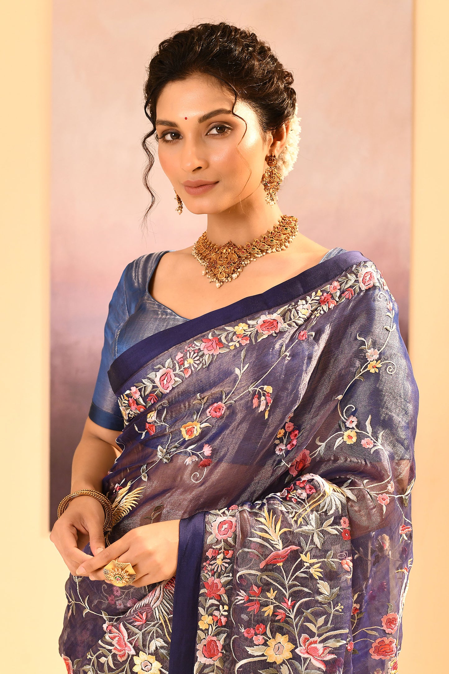 Dark Blue Tissue Embroidered Saree