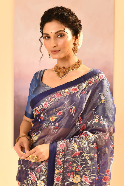 Dark Blue Tissue Embroidered Saree