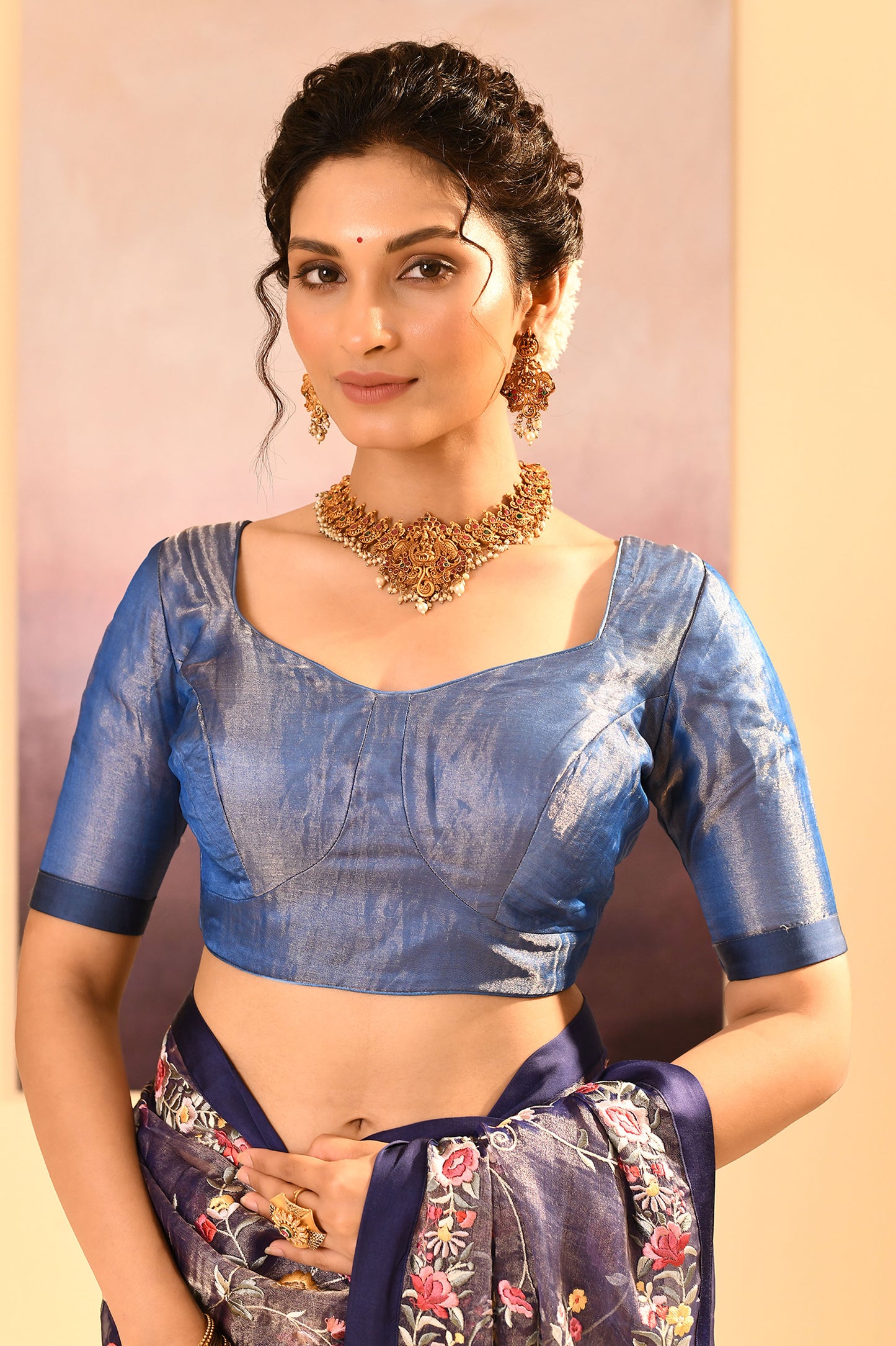 Dark Blue Tissue Embroidered Saree