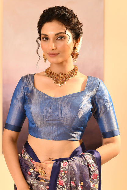 Dark Blue Tissue Embroidered Saree