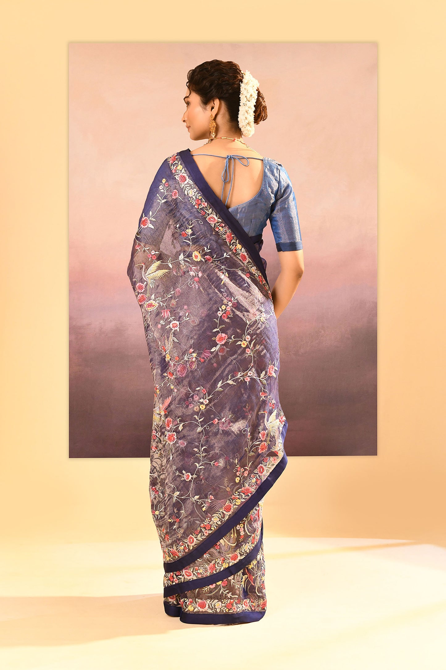 Dark Blue Tissue Embroidered Saree