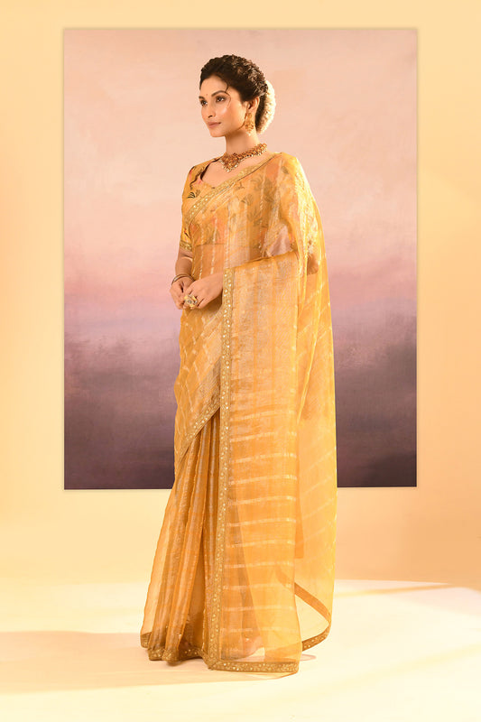 Golden Yellow Embroidered Tissue Saree