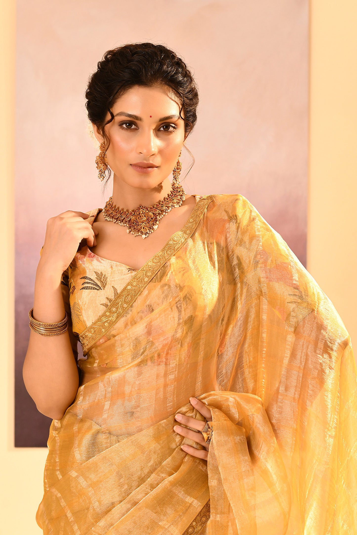 Golden Yellow Embroidered Tissue Saree