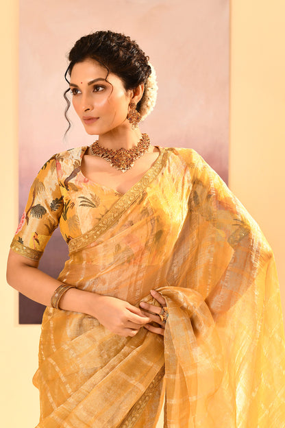 Golden Yellow Embroidered Tissue Saree