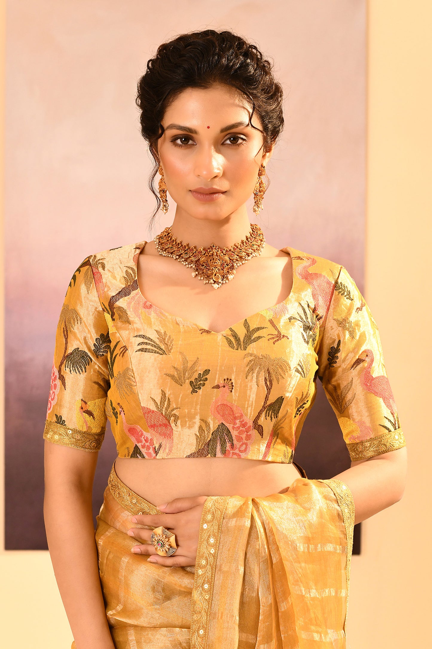 Golden Yellow Embroidered Tissue Saree
