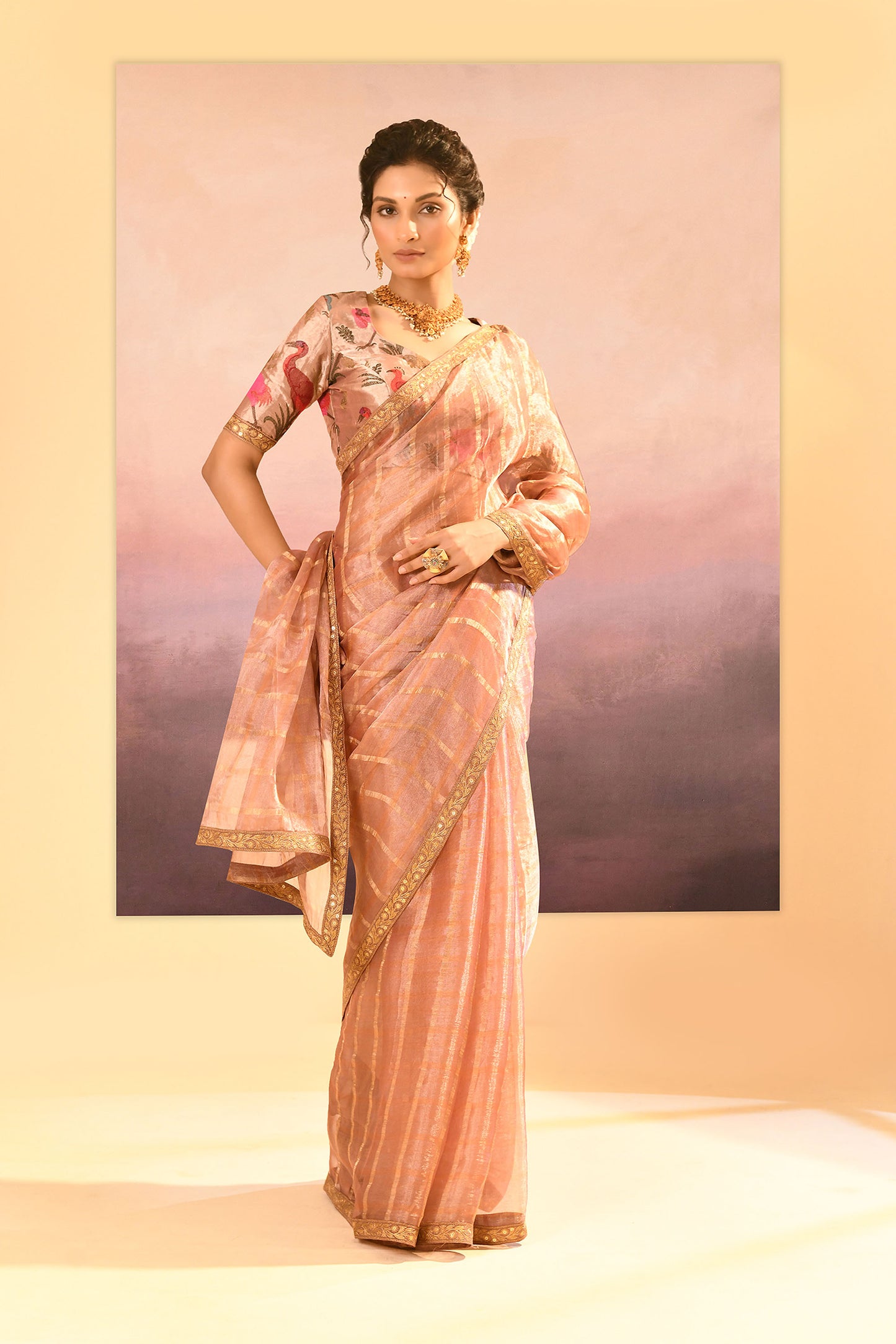 Pastel Beige Embroidered Tissue Saree