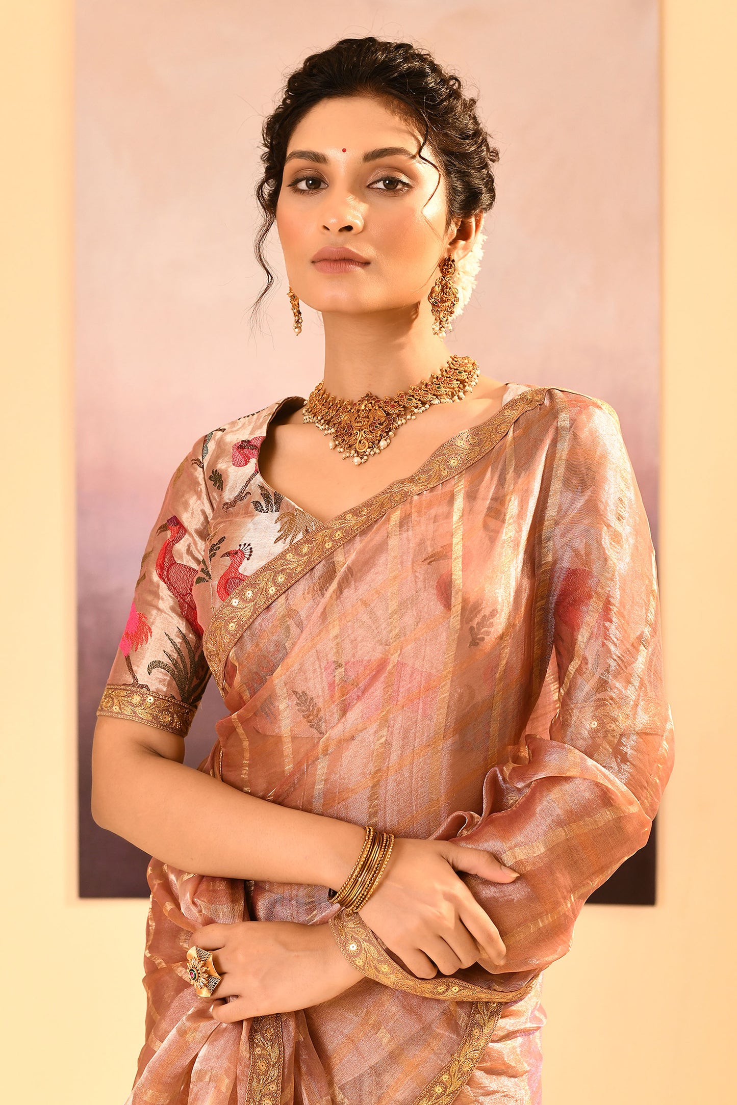 Pastel Beige Embroidered Tissue Saree
