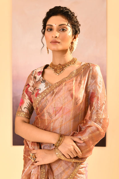 Pastel Beige Embroidered Tissue Saree