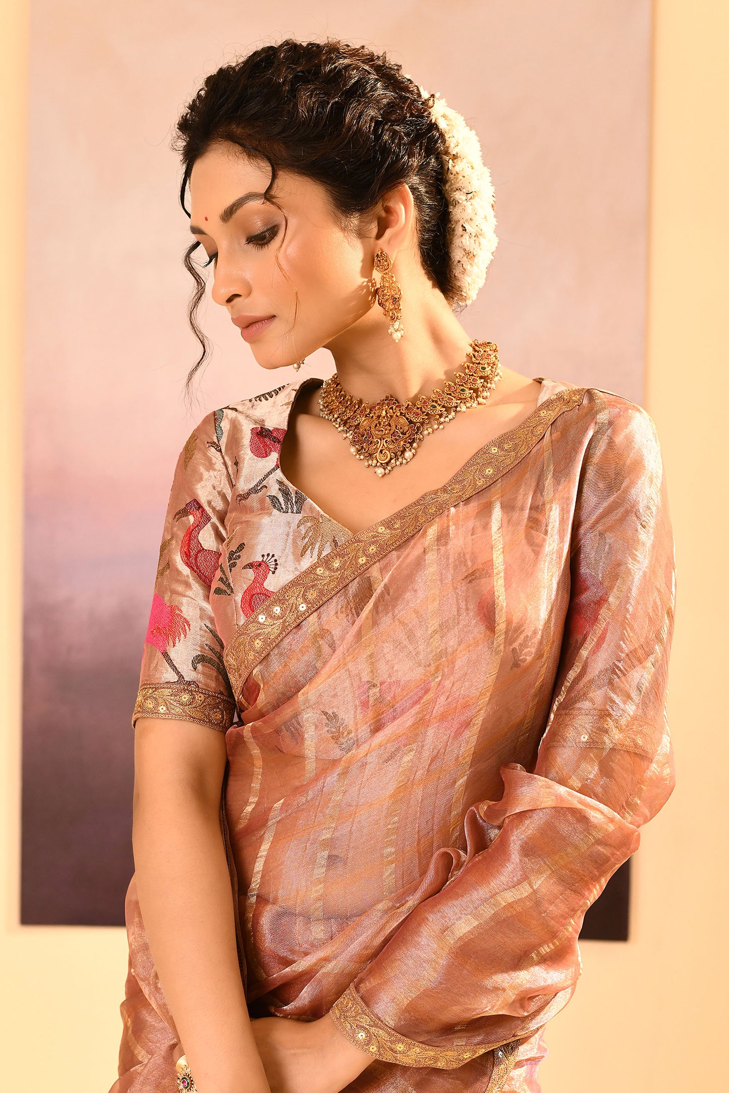 Pastel Beige Embroidered Tissue Saree