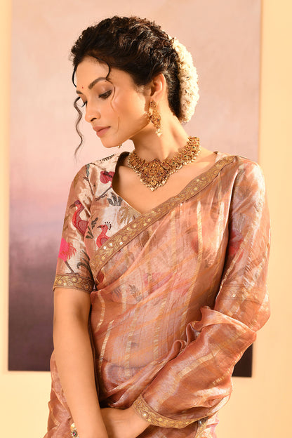 Pastel Beige Embroidered Tissue Saree