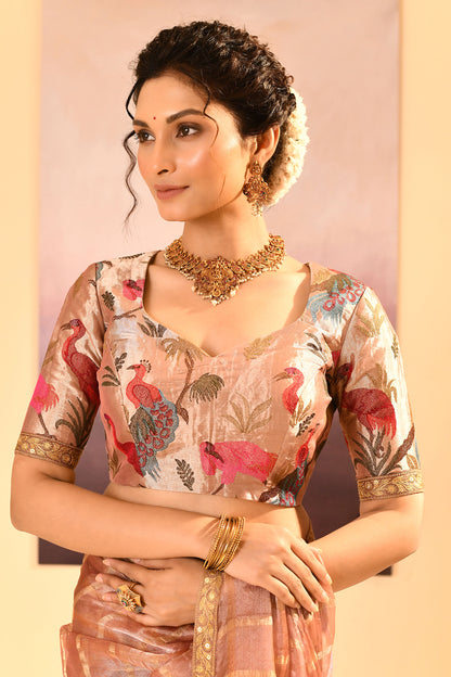 Pastel Beige Embroidered Tissue Saree