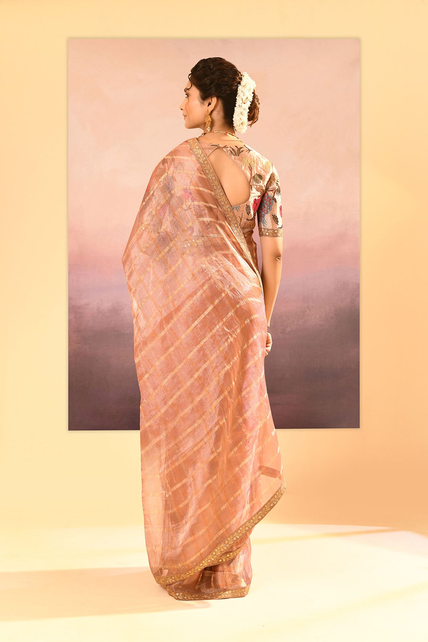 Pastel Beige Embroidered Tissue Saree