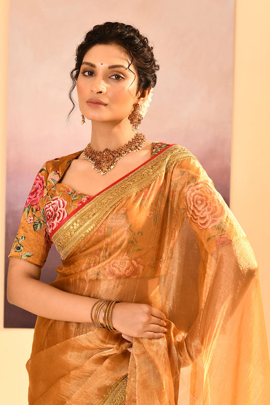 Jewel Gold Embroidered Metallic Tissue Saree