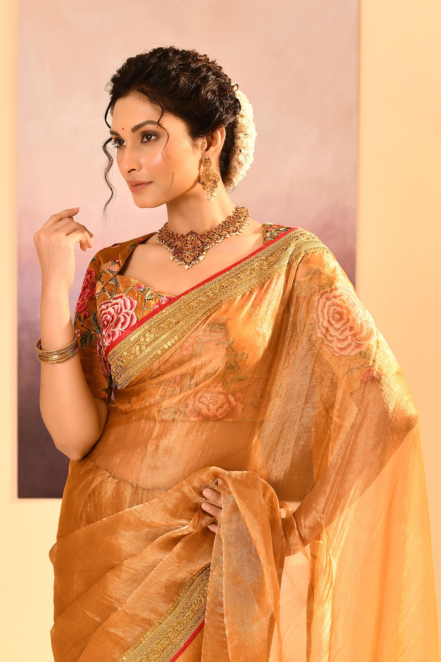 Jewel Gold Embroidered Metallic Tissue Saree
