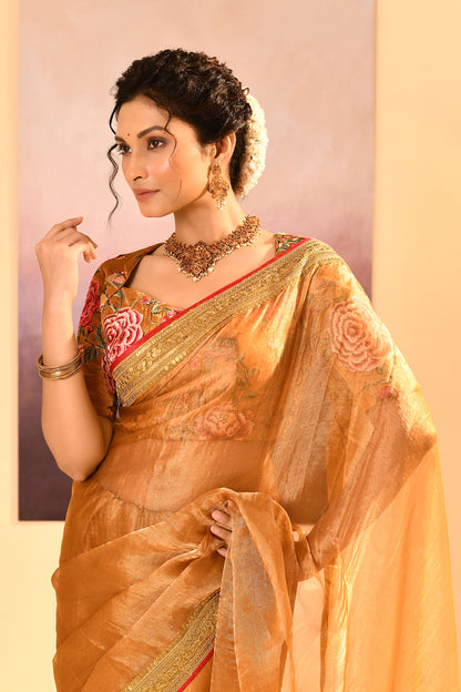 Jewel Gold Embroidered Metallic Tissue Saree