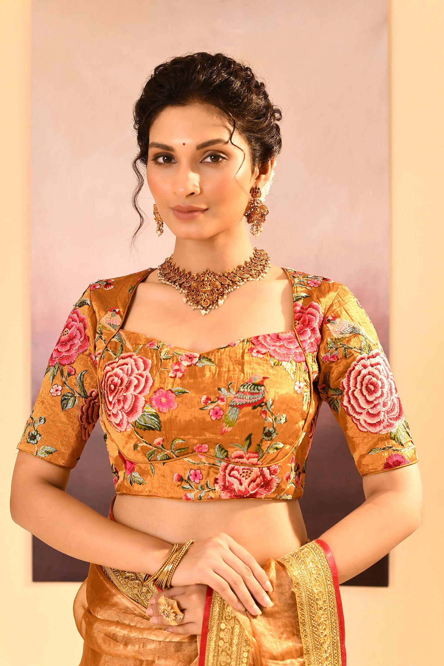 Jewel Gold Embroidered Metallic Tissue Saree