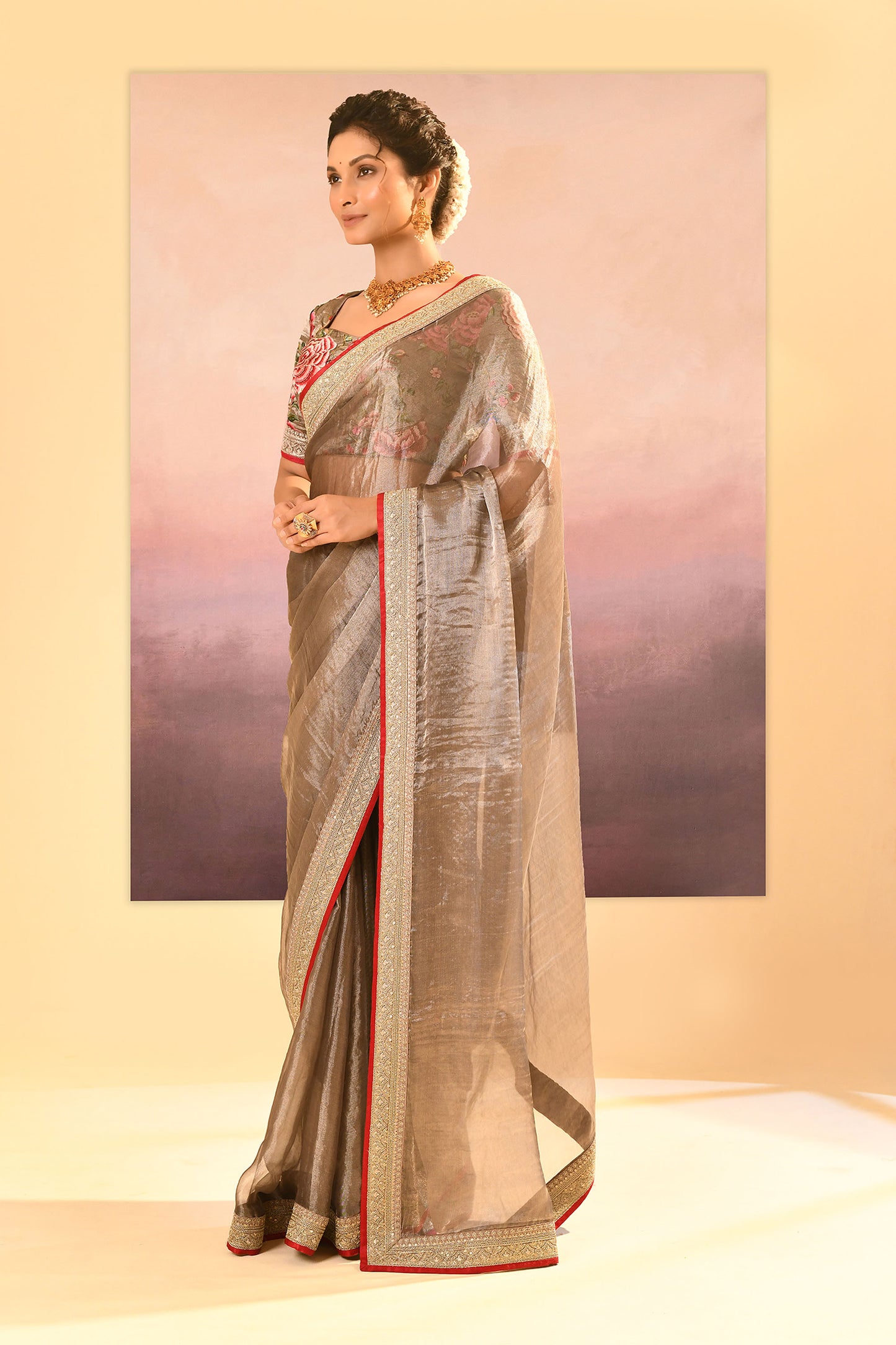 Earthy Dark Green Embroidered Metallic Tissue Saree