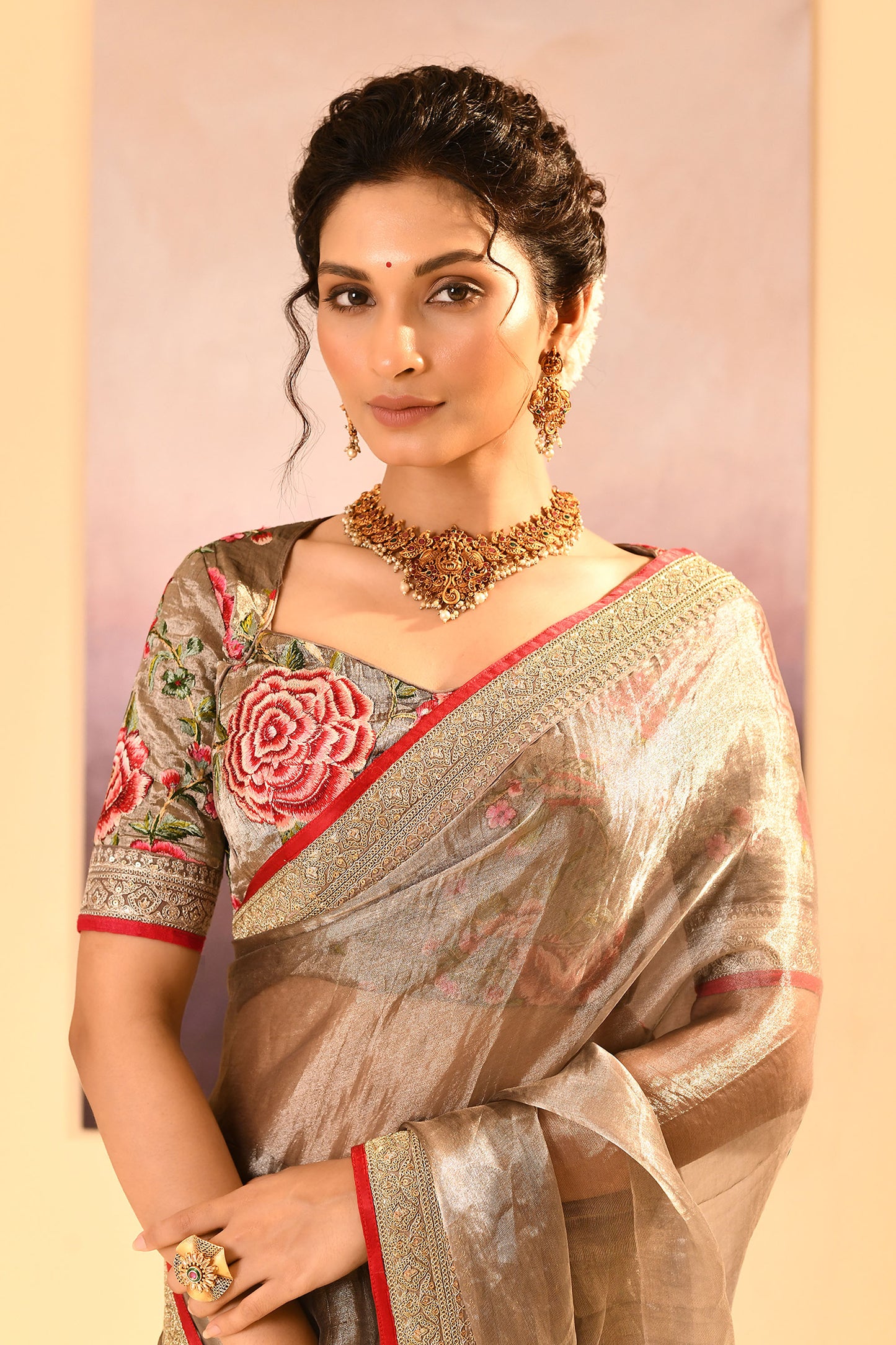Earthy Dark Green Embroidered Metallic Tissue Saree