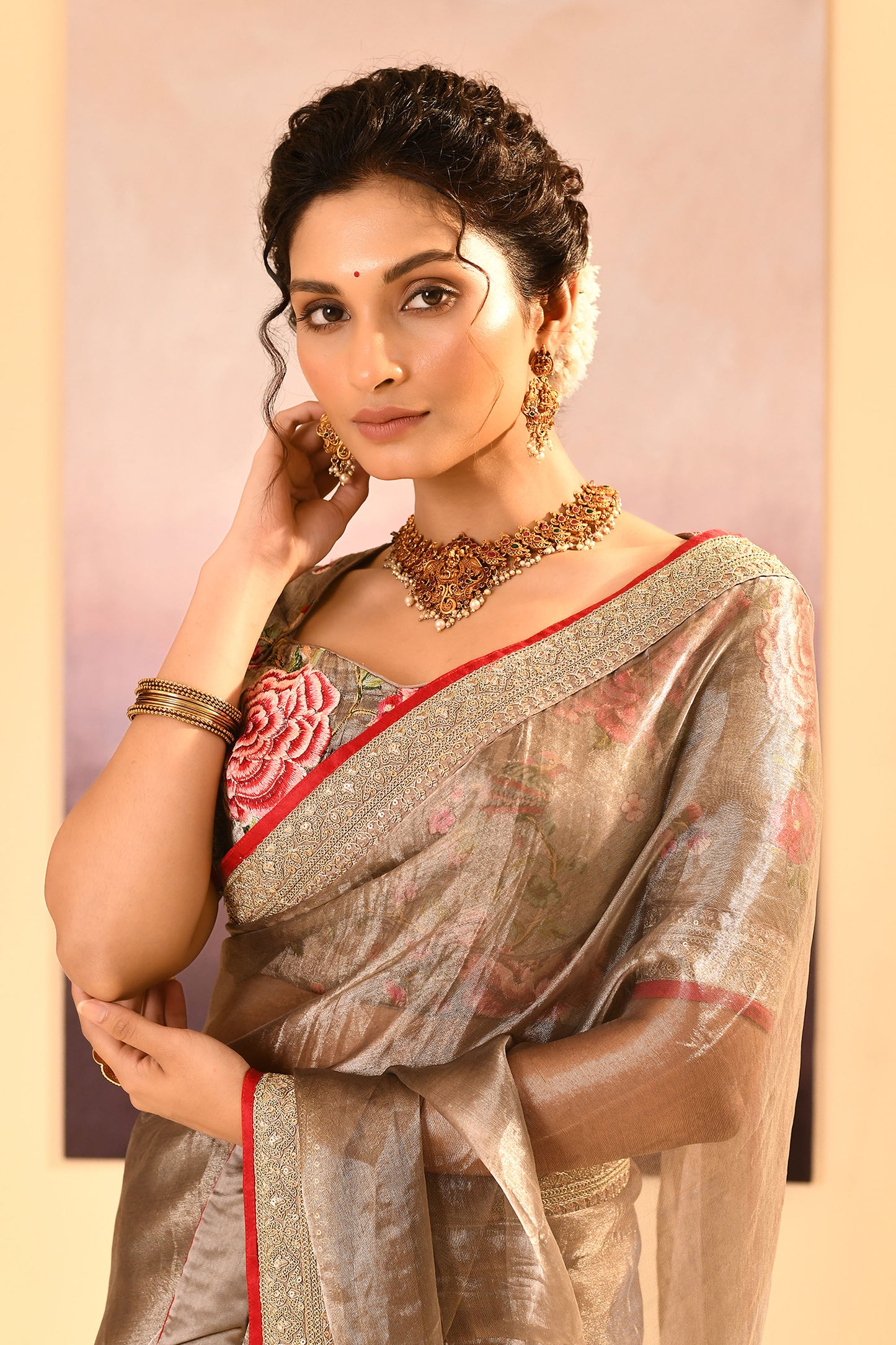 Earthy Dark Green Embroidered Metallic Tissue Saree