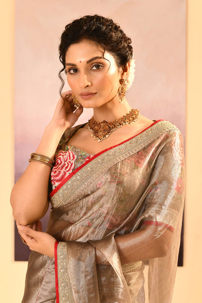 Earthy Dark Green Embroidered Metallic Tissue Saree